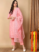 Women Pink Organza Embroidered Straight Kurta Pant Set With Dupatta